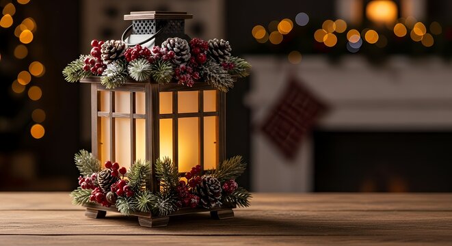 A christmas lantern adorned with pine cones and berries on a wooden table