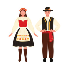 Man and woman in Czech Republic traditional folk clothing on white isolated background vector illustration