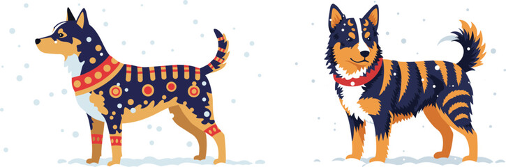Two decorative dogs with patterned coats standing in winter snow  