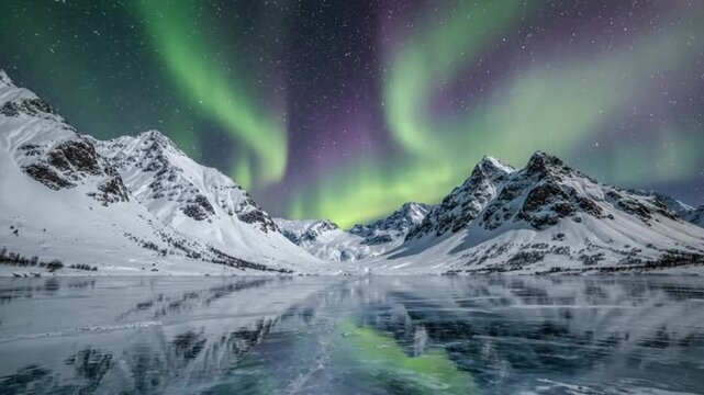A majestic nighttime panorama showcases vibrant green and purple atmospheric lights dancing across a starry winter sky, casting a breathtaking glow over a pristine snow-covered mountain range. The bri