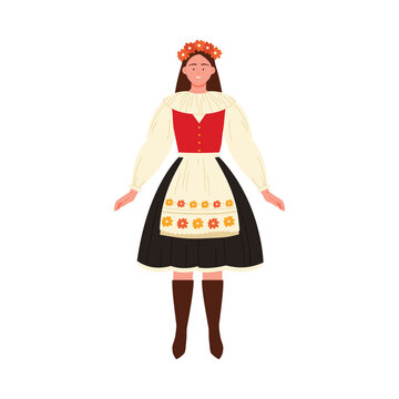 Czech woman wearing traditional folk dress with floral headband and boots on isolated white background vector illustration