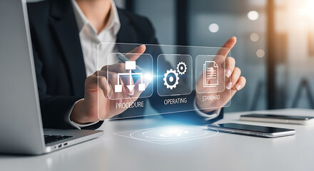 Businesswoman interacting with a digital interface showing procedure, operating, and standard icons, representing business process management and regulatory compliance.