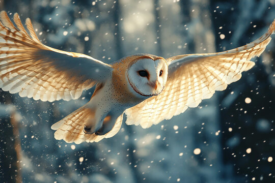Beautiful barn owl in flight through snowy winter forest during sunset light, generative ai wildlife scene creation