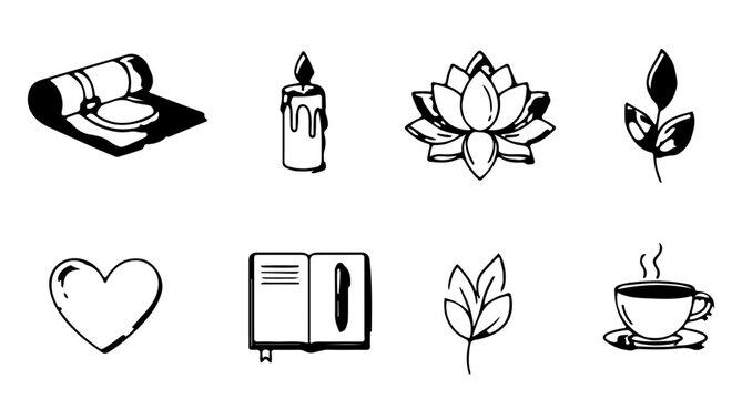 Vector Icon Set of Self-Care and Wellness Items Yoga Mat, Candle, Lotus Flower, Leaf, Heart, Journal, and Cup of Tea in Minimal Pastel Line Art Design