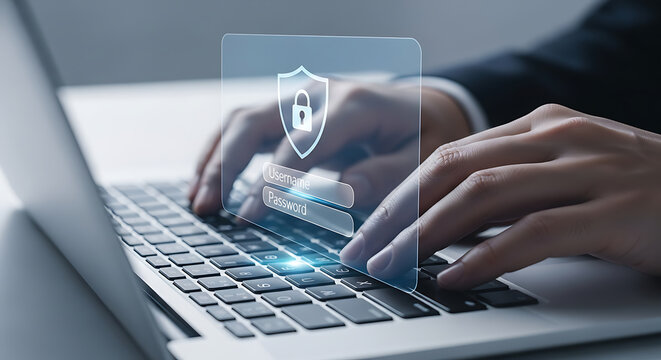 Person logging into a computer with username and password, using a shield and padlock for online security.