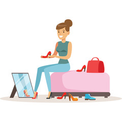 Woman Tries On Red High Heel Shoes Sitting On A Pink Ottoman In Front Of A Mirror With A Red Handbag Nearby And Several Pairs Of Shoes Scattered Around On A White Background