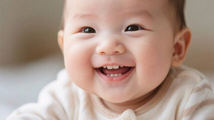 Bright macro portrait of baby’s joyful smile revealing first two teeth, crisp detail and lifelike texture ideal for pediatric dental health imagery.