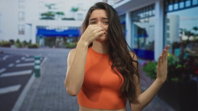 Hispanic woman wearing orange crop top pinching nose and waving hand on a crowded urban street; disgust.