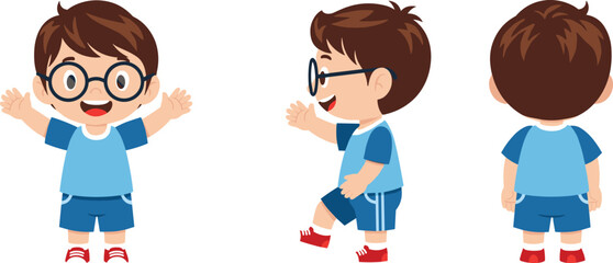 Cute cartoon boy character with glasses wearing blue outfit and red shoes, front side and back view for animation design illustration