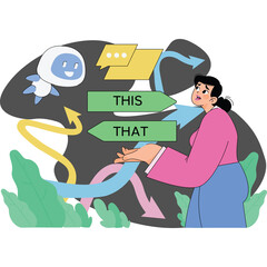 Woman Stands At Crossroads Making Decision Between This And That With Arrows Pointing In Different Directions And Abstract Shapes And Green Plants In The Background