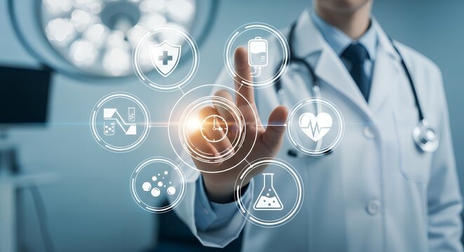 Doctor interacting with digital health interface in a hospital setting