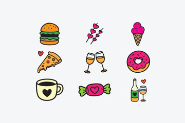 Cute Doodle Food and Drink Valentine Elements Vector Illustration on White Background.