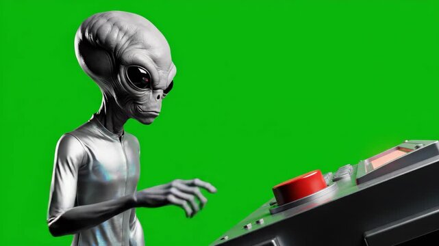Alien at Console with Green Screen - A grey alien in a silver suit stands next to a control console featuring a large red button, set against a green screen background.