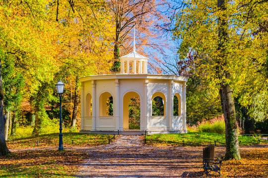 Beautiful old pavilion and promenade in park Maksimir in the city of Zagreb, Croatia in autumn 
