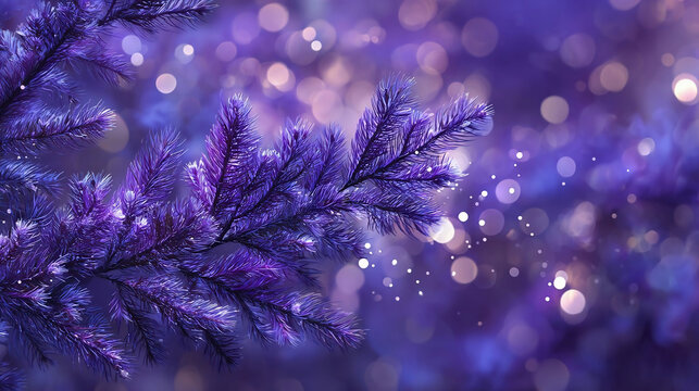 purple christmas tree branch with glowing bokeh lights background - Powered by Adobe