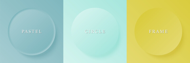 Set of abstract 3d beige, different color circle frame design for cosmetic product. Collection of trendy color geometric background with copy space. Top view scene. Vector EPS10