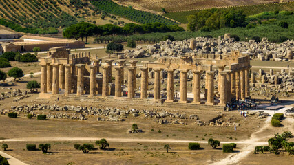 Aerial close-up of the Temple of Hera in Selinunte, in the province of Trapani, Sicily, Italy. It...
