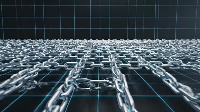 Metallic Chains on Grid Background - This video shows multiple rows of metallic chains fading into the distance on a grid background. The chains are a shiny silver color and there are several of them.