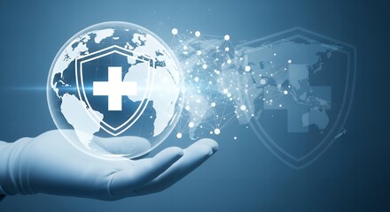 A hand holding a globe with a shield and a plus sign on a blue background