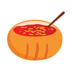 Czech bread bowl filled with red soup and noodles, isolated on white background vector illustration