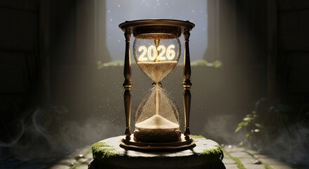 An hourglass with sand flowing and the year two thousand twenty six inside