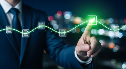 Businessman using finger to press a checkmark on a digital document workflow chart against an out of focus cityscape background.