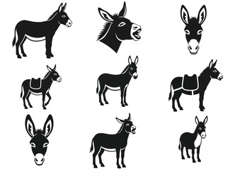 A collection of black vector donkey illustrations. This set features various poses, silhouettes, and headshots, perfect for logos or icons of farm animals