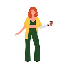 Confident disabled woman with prosthetic arm holding coffee cup, isolated on white background vector illustration