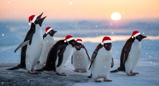 A group of penguins wearing santa hats standing on snow at sunset time