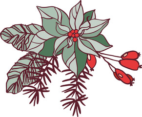 Happy New Year! Merry Christmas! Botanical clip art with a winter holiday theme in a vintage color scheme. Digital illustration with outline.
