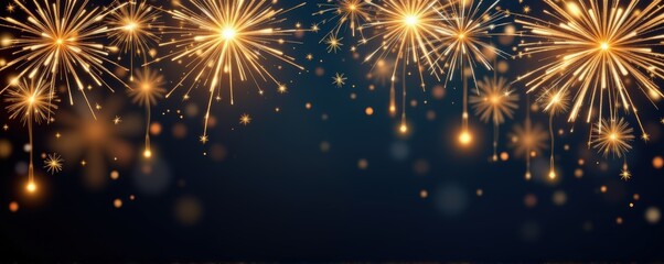 Wide horizontal banner with metallic gold fireworks cascading from upper corners