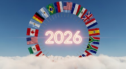 Flags of different countries arranged in a circle around the year two thousand twenty six