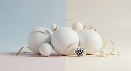 Still life of white spheres pinecone and golden ribbon on pastel background