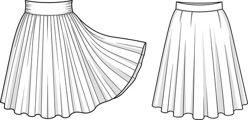 Pleated skirt and flared skirt technical flat sketch, front view fashion design, waistband detail, garment construction stylillustrationPleated skirt and flared skirt technical flat sketch, 