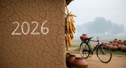 Rural scene with a bicycle, pottery, corn, and the year painted on wall