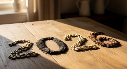 The year twenty twenty six spelled out in seeds on a wooden table top