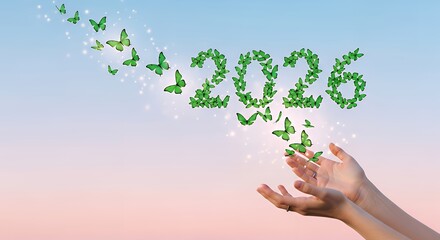 Hands reaching for butterflies forming the year twenty twenty six in sky