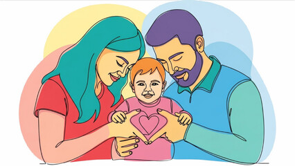 High-Quality Continuous Black Outline Colorful Art of Parents Holding Child in Arms Forming Heart-Like Shape Composition, Symbolizing Family Love and Care