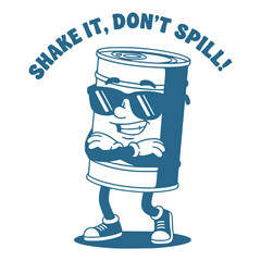 Vibrant retro cartoon oil drum character in sunglasses with crossed arms, sporting a fun 'Shake It, Don't Spill!' message, perfect for playful industrial and energy-themed designs