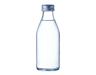 Clear glass bottle filled with water, silver cap, on a pure black background