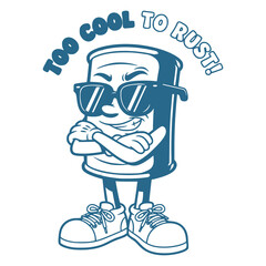 A confident cartoon barrel character with sunglasses and sneakers, a cool mascot illustration personifying a tough, rust-proof attitude