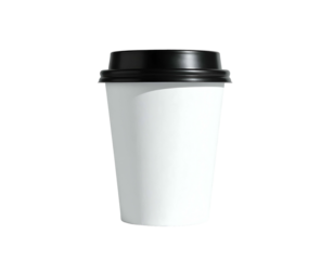 A pristine white takeaway coffee cup with a black lid, set against a stark black background