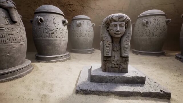 Ancient Egyptian tomb interior with sarcophagi and statue representing historical culture