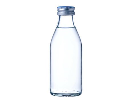 Clear glass bottle filled with water, silver cap, on a pure black background - Powered by Adobe