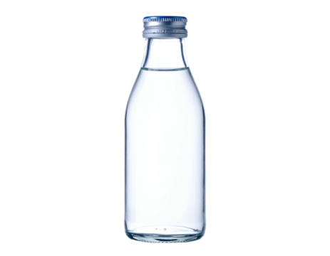Clear glass bottle filled with water, silver cap, on a pure black background