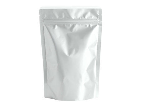 A plain, sealed, white pouch stands against a black background, zipper closed