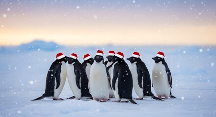 A group of penguins wearing santa hats standing in a snowy landscape