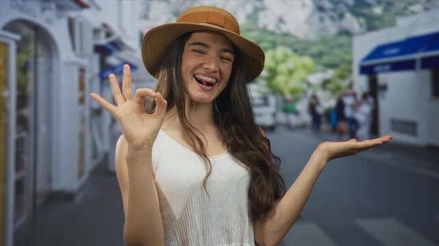 Woman wearing straw hat making ok sign on busy city street in daylight with blurred pedestrians; spontaneous joyful moment.