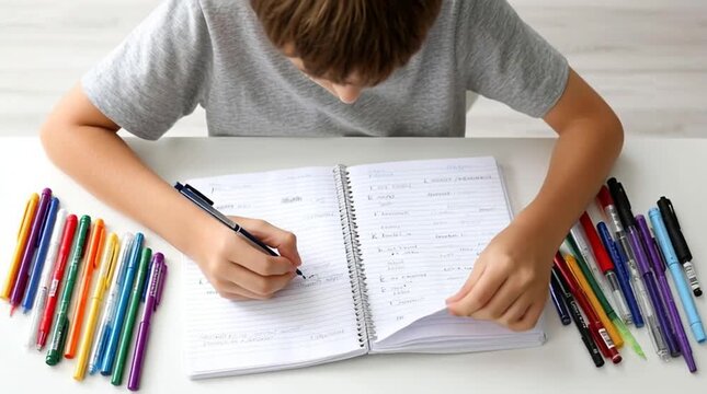 Boy writes in notebook with colored pens.