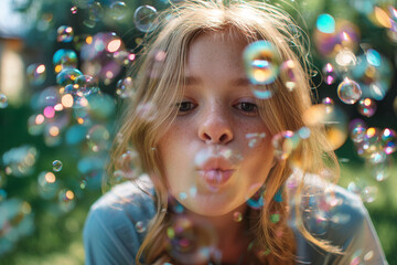 A girl blowing bubbles in the garden while sunlight sparkles on soap bubbles floating in the air.